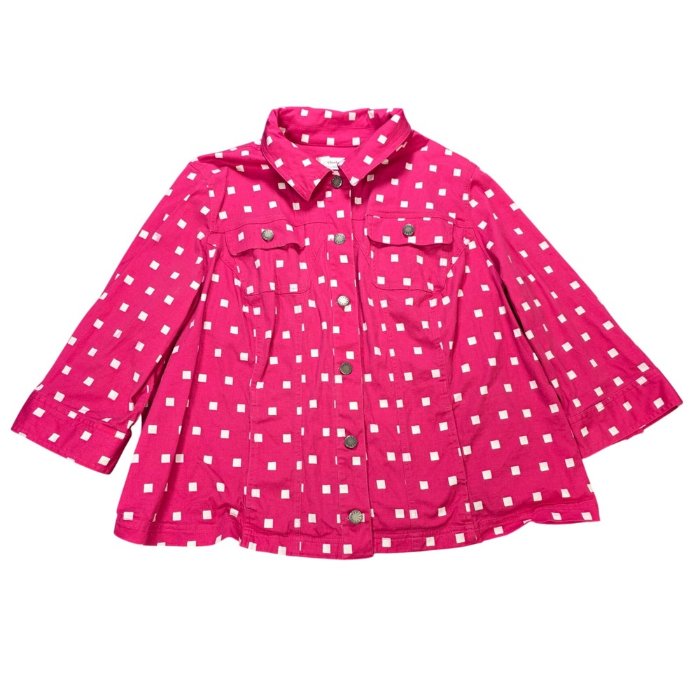 CJ Banks Button Front 3/4 Sleeve Jacket Women's Size 2X Pink White Square Print